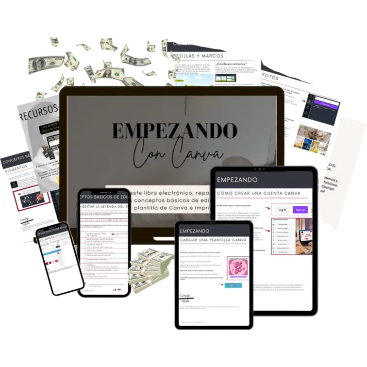 **Descripción SEO:**

"Imagen que muestra el libro electrónico 'Empezando con Canva', acompañado de dispositivos móviles y una computadora. Este recurso educativo ofrece una guía completa sobre los conceptos básicos de edición en Canva, incluyendo cómo crear y cargar plantillas, así como consejos para aprovechar al máximo esta herramienta de diseño gráfico. Ideal para principiantes que desean mejorar sus habilidades en diseño digital."