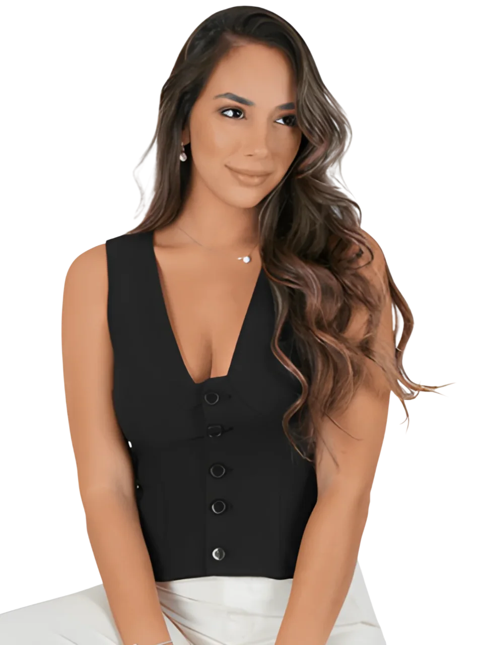 **Descripción SEO para la imagen:**

"Joven mujer con cabello ondulado y una blusa negra de botones, posando con una expresión amigable. La imagen destaca la moda femenina contemporánea, ideal para inspirar estilos de vestimenta en diversas ocasiones. Perfecta para contenido relacionado con tendencias de moda, looks casuales y elegancia diaria."